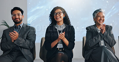 Buy stock photo Seminar panel, happy business people and clapping for success, award and milestone. Conference, group and applause for presentation, praise and public speaking with celebration for target achievement