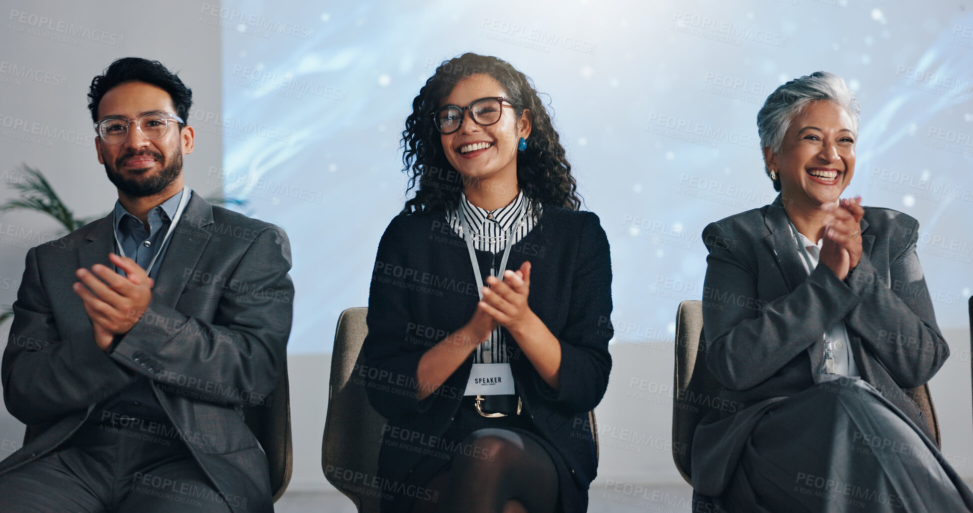 Buy stock photo Seminar panel, happy business people and clapping for success, award and milestone. Conference, group and applause for presentation, praise and public speaking with celebration for target achievement