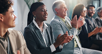 Buy stock photo Conference, happy business people and applause for success, well done and thank you. Seminar, group and clapping for presentation, praise and public speaking with celebration for goal achievement