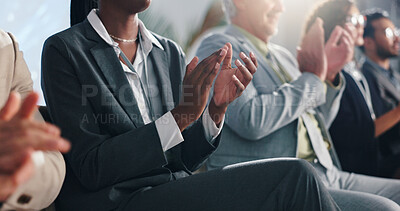 Buy stock photo Woman, hands and applause with business people at seminar for presentation, thank you or well done. Group, employees or audience clapping in line for speech, corporate summit or success at convention