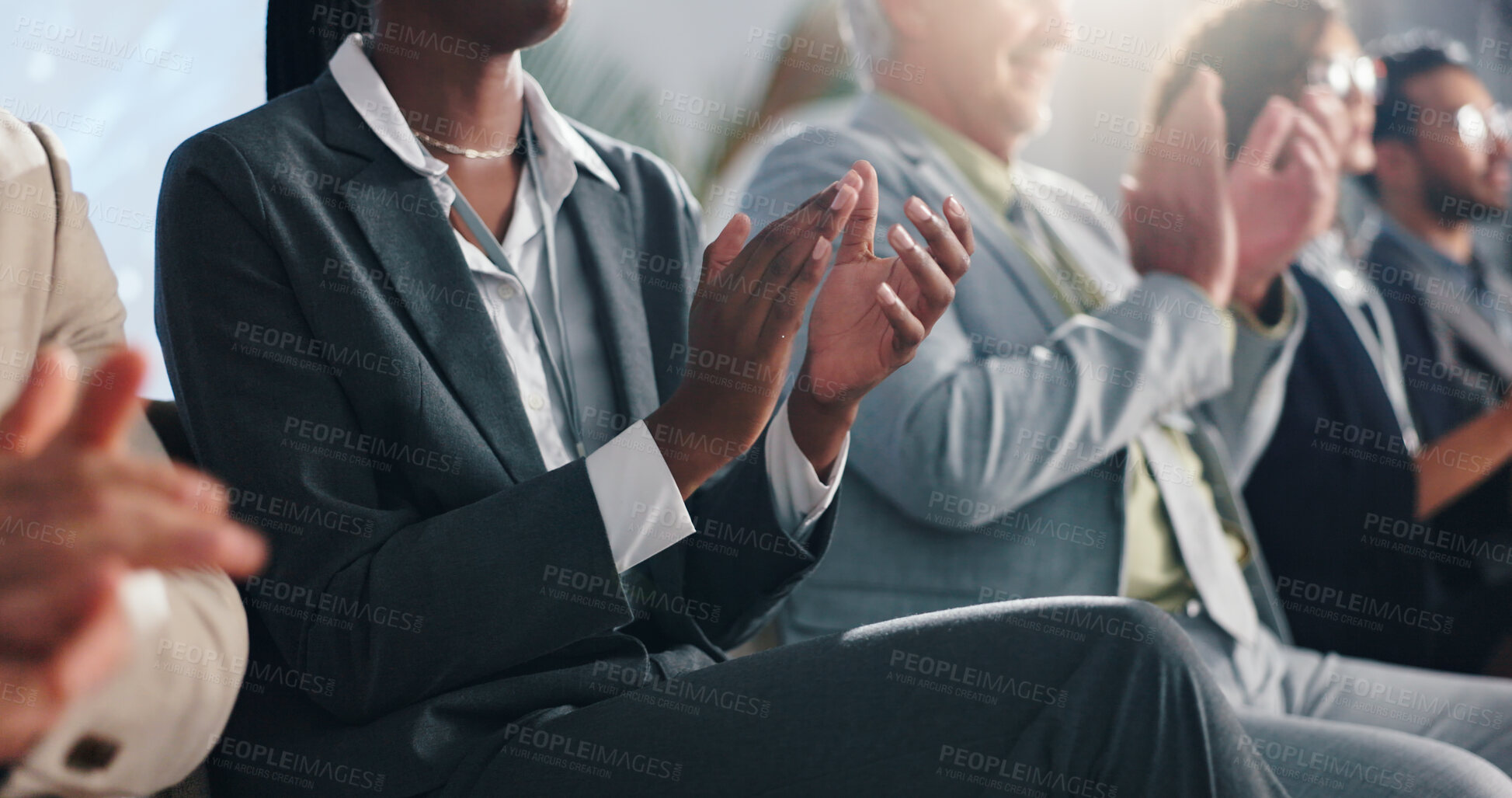 Buy stock photo Woman, hands and applause with business people at seminar for presentation, thank you or well done. Group, employees or audience clapping in line for speech, corporate summit or success at convention
