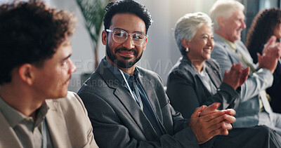 Buy stock photo Seminar audience, business man and clapping for success, award and milestone. Conference, happy group and applause for presentation, praise and celebration for target achievement with congratulations
