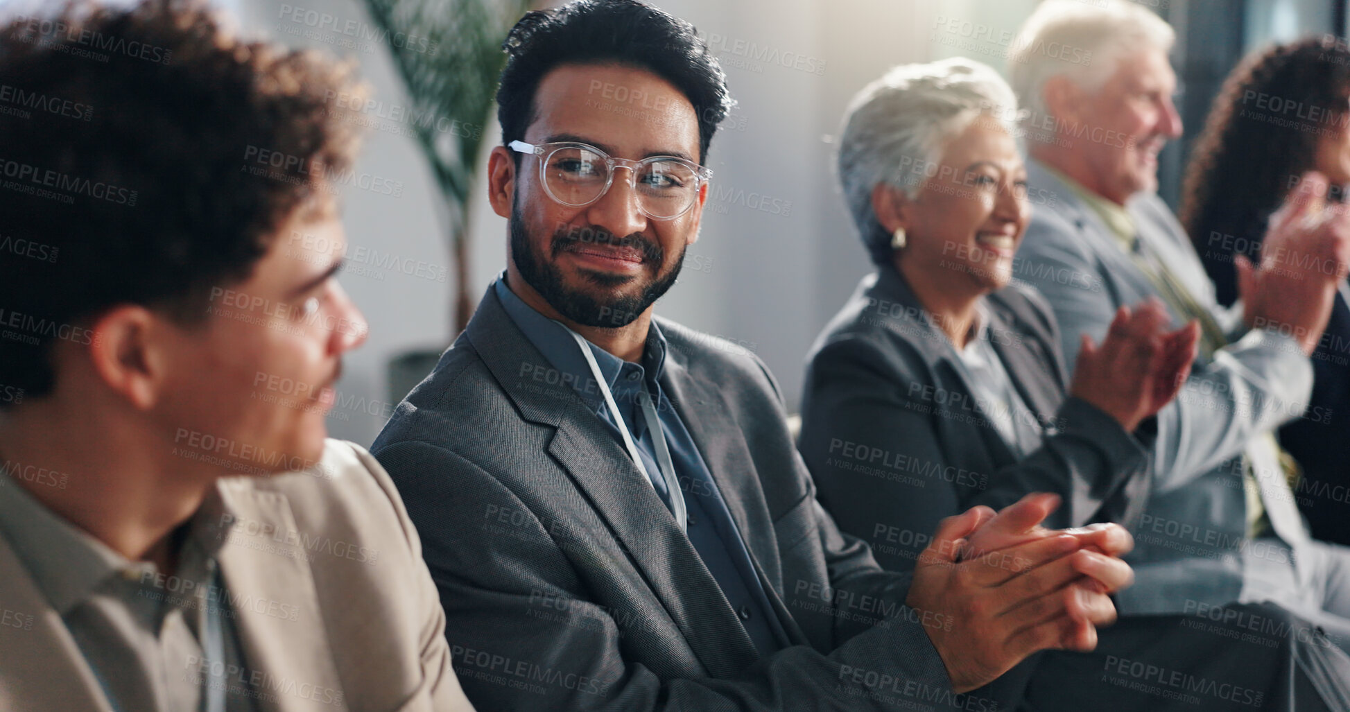Buy stock photo Seminar audience, business man and clapping for success, award and milestone. Conference, happy group and applause for presentation, praise and celebration for target achievement with congratulations