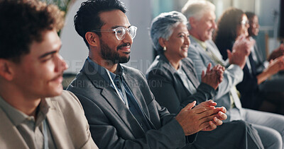 Buy stock photo Convention audience, business people and clapping for celebration, award and milestone. Conference, happy group and applause for excellence, success and support for achievement with congratulations