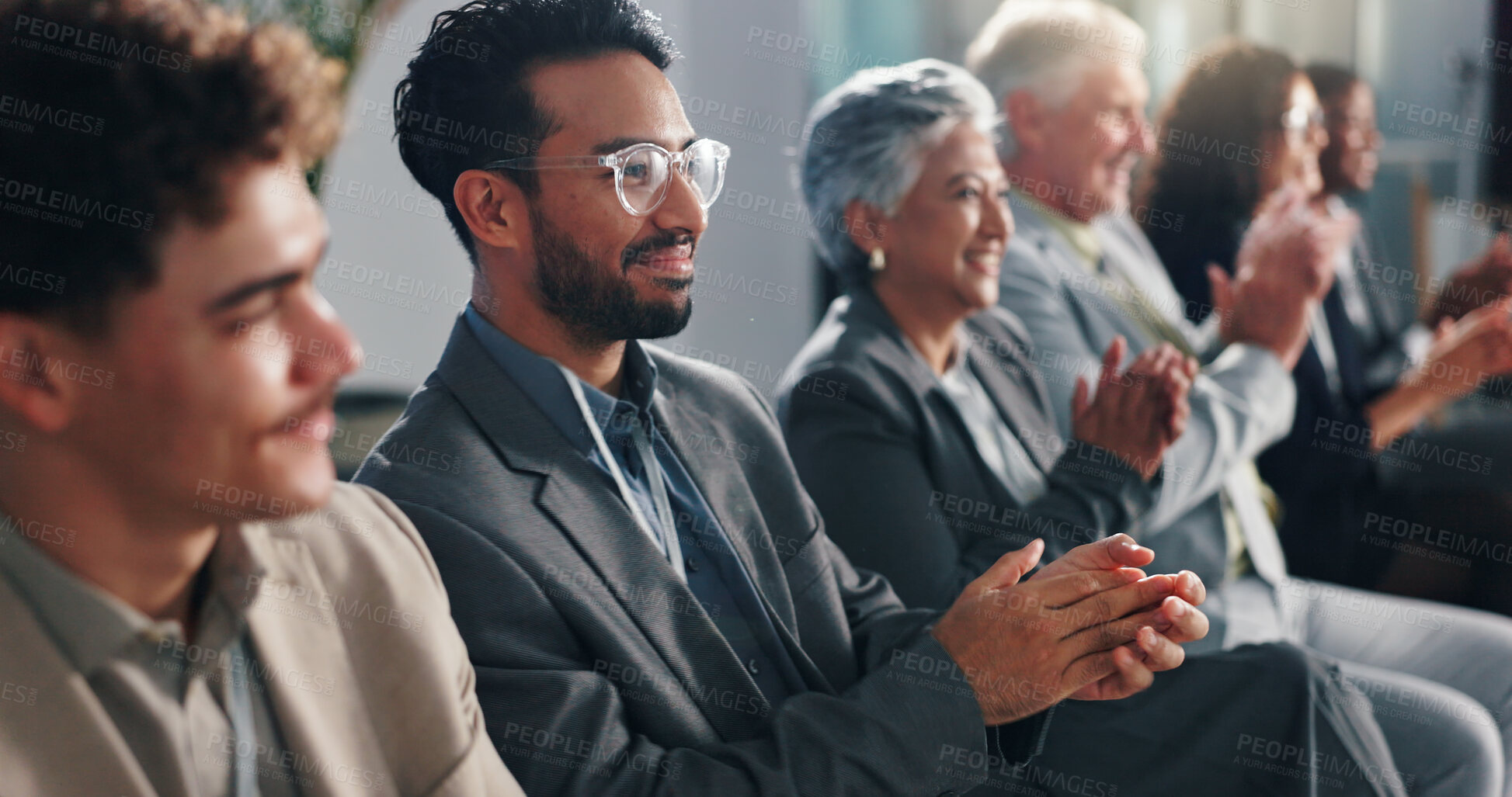 Buy stock photo Convention audience, business people and clapping for celebration, award and milestone. Conference, happy group and applause for excellence, success and support for achievement with congratulations