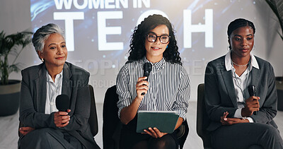 Buy stock photo Business women, seminar or mic with tablet for presentation, discussion or tech summit at workplace. Female people, employees or group with technology for speech, convention or corporate tradeshow