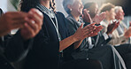 Business people, meeting and line with applause at seminar for presentation, thank you or well done. Group, employees or audience clapping in row for speech, corporate summit or success at convention