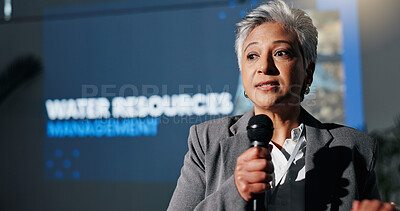 Buy stock photo Woman, speaker and mic at conference event for water management with resources. Mature person, public speaking and solution speech, pollution awareness and sustainable supply of economic development