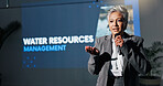 Woman, speech and mic at conference event for water management with resources. Mature person, public speaking and scarcity solution, pollution awareness and sustainable supply of economic development