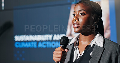 Buy stock photo African woman, mic and presentation for environment on stage, climate change or speech at convention. Person, speaker and discussion for global sustainability, info and accountability at conference