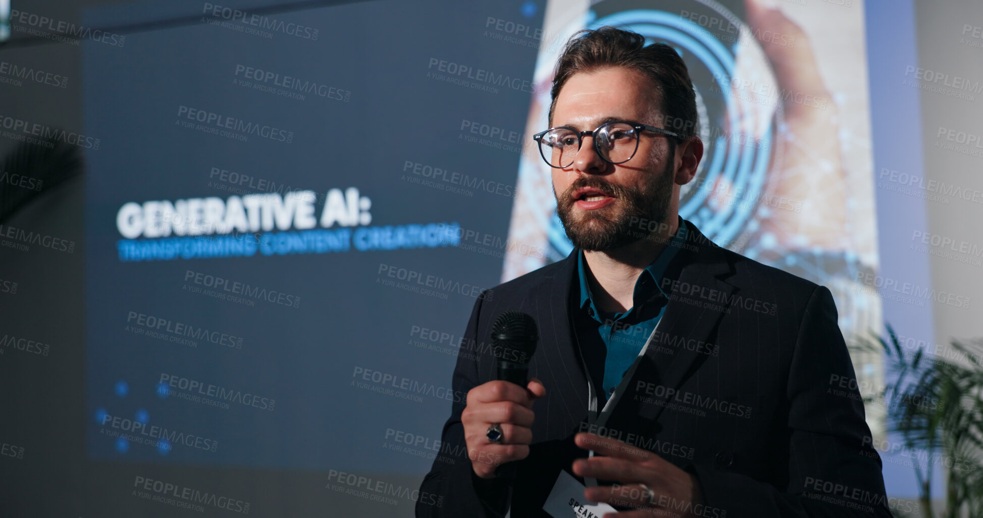Buy stock photo Man, presentation and screen at AI conference, mic or info with transformation for content creation. Person, speaker and talk for ethics, generative LLM and futuristic tech at global convention