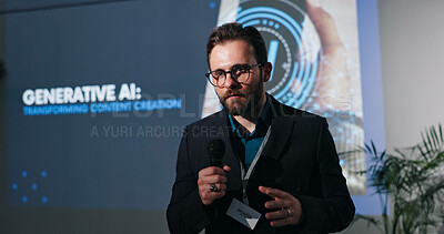 Buy stock photo Man, presentation and screen at AI convention, mic or info with transformation for content creation. Person, speaker and talk for ethics, generative LLM and futuristic tech at global conference