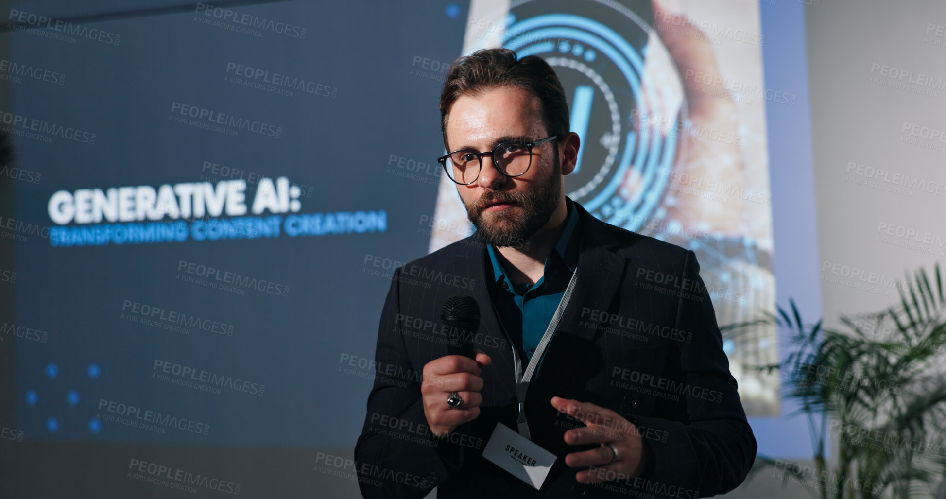 Buy stock photo Man, presentation and screen at AI convention, mic or info with transformation for content creation. Person, speaker and talk for ethics, generative LLM and futuristic tech at global conference