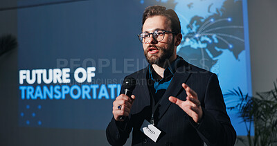 Buy stock photo Conference, microphone and speech with man on stage for presentation on future of transportation. Auditorium, development and forum with corporate speaker on podium for innovation in travel symposium