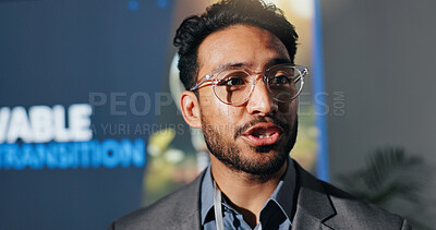 Buy stock photo Man, speaker and talking for speech at conference for renewable energy transition at seminar. Person, public speaking and awareness of climate change, eco friendly solution and expo for hydrogen fuel