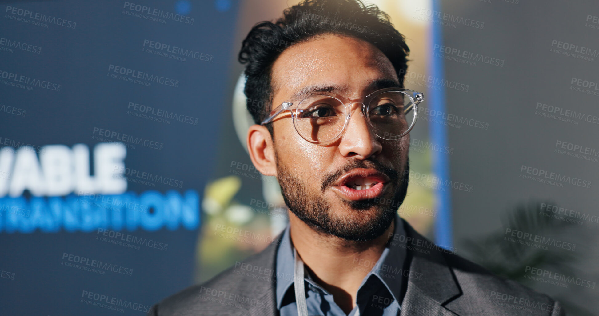 Buy stock photo Man, speaker and talking for speech at conference for renewable energy transition at seminar. Person, public speaking and awareness of climate change, eco friendly solution and expo for hydrogen fuel
