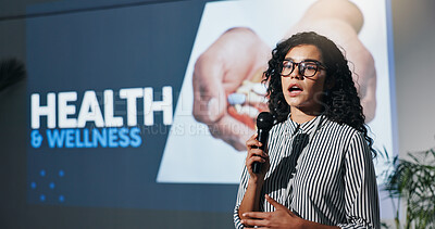 Buy stock photo Convention, presentation and business woman with microphone for health, wellness and forum. Conference, speech and workshop with motivational speaker for coaching, lecture and event in auditorium