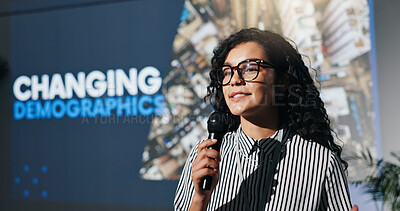 Buy stock photo Convention, speech and business woman with microphone for demographic, training or forum. Conference, presentation and workshop with speaker for coaching, population change lecture and event