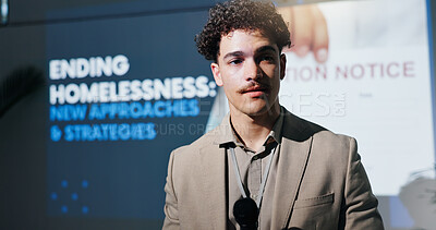 Buy stock photo Man, speaker and mic at conference event with awareness speech for ending homelessness. Person, public speaking and solution for permanent residence, economic housing and information for settlement