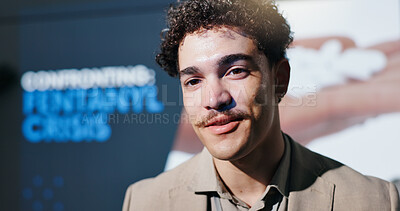 Buy stock photo Business, conference and presentation with man in auditorium for speech on fentanyl crisis. Forum, seminar and trade show with guest speaker on symposium stage for drug abuse or addiction solutions