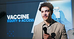Business, speech and vaccine with man in auditorium for presentation on access and equity. Healthcare, seminar and symposium with guest speaker on podium or stage for job medical development