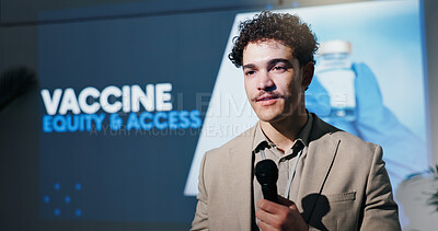 Buy stock photo Business, healthcare and speech with man in auditorium for presentation on access and equity. Seminar, symposium and vaccine with guest speaker on stage for medical development or innovation