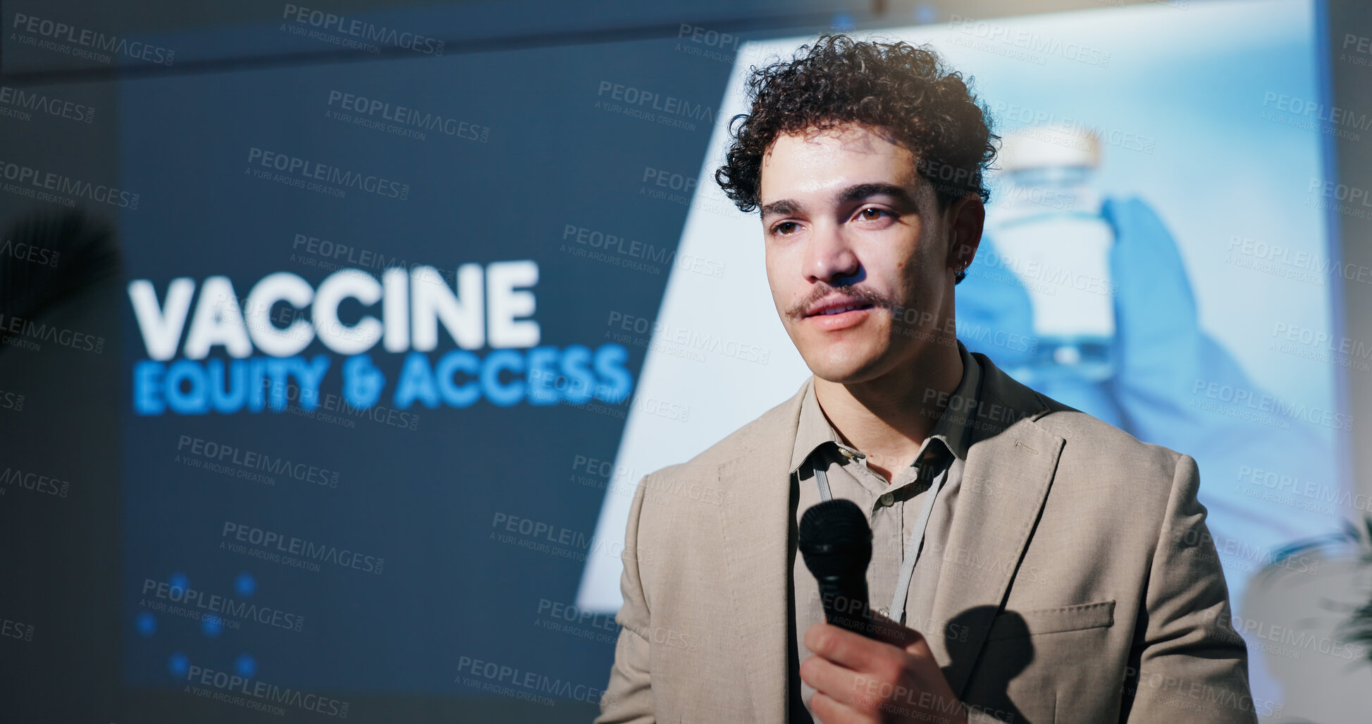 Buy stock photo Business, healthcare and speech with man in auditorium for presentation on access and equity. Seminar, symposium and vaccine with guest speaker on stage for medical development or innovation