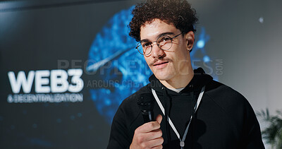 Buy stock photo Business, seminar and speech with man in auditorium for presentation on web3 development. Mic, event and stage with speaker for intro to blockchain technology or decentralization of user experience