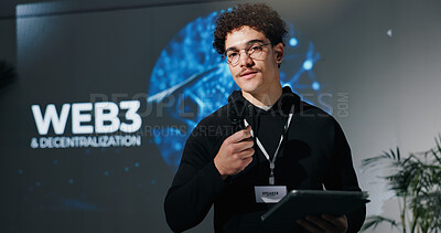 Buy stock photo Man, tablet and mic for presentation with web3, decentralization and blockchain by screen for future. Person, speaker and touchscreen with app, innovation and discussion on stage at tech convention