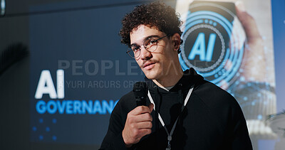 Buy stock photo Man, microphone and programmer with speech at conference for AI governance, ethics or rules. Talk, keynote speaker and person at convention for compliance, policy guidelines or presentation at summit