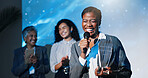 Black woman, award and reward speech with smile at seminar for business success or nomination. Happy, acceptance message or speaker with pride for announcement, trophy or congratulations at ceremony