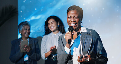 Buy stock photo Woman, award and reward speech with smile at seminar for business success or nomination. Happy, acceptance message or speaker with pride for announcement, trophy or congratulations at ceremony