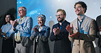 Conference, business people and group applause for celebration, success and thank you. Smile, seminar panel and clapping for achievement, excellence and well done for public speaking at convention