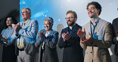 Buy stock photo Conference, business people and group applause for celebration, success and thank you. Smile, seminar panel and clapping for achievement, excellence and well done for public speaking at convention