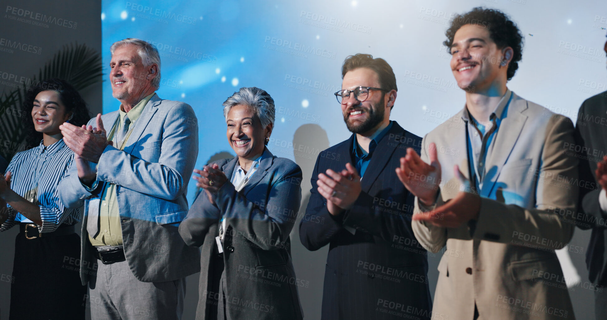 Buy stock photo Conference, business people and group applause for celebration, success and thank you. Smile, seminar panel and clapping for achievement, excellence and well done for public speaking at convention