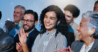 Buy stock photo Applause, seminar and business people with meeting in office with good news or achievement. Happy, cheering and employees clapping hands for woman with congratulations for job promotion in workplace.