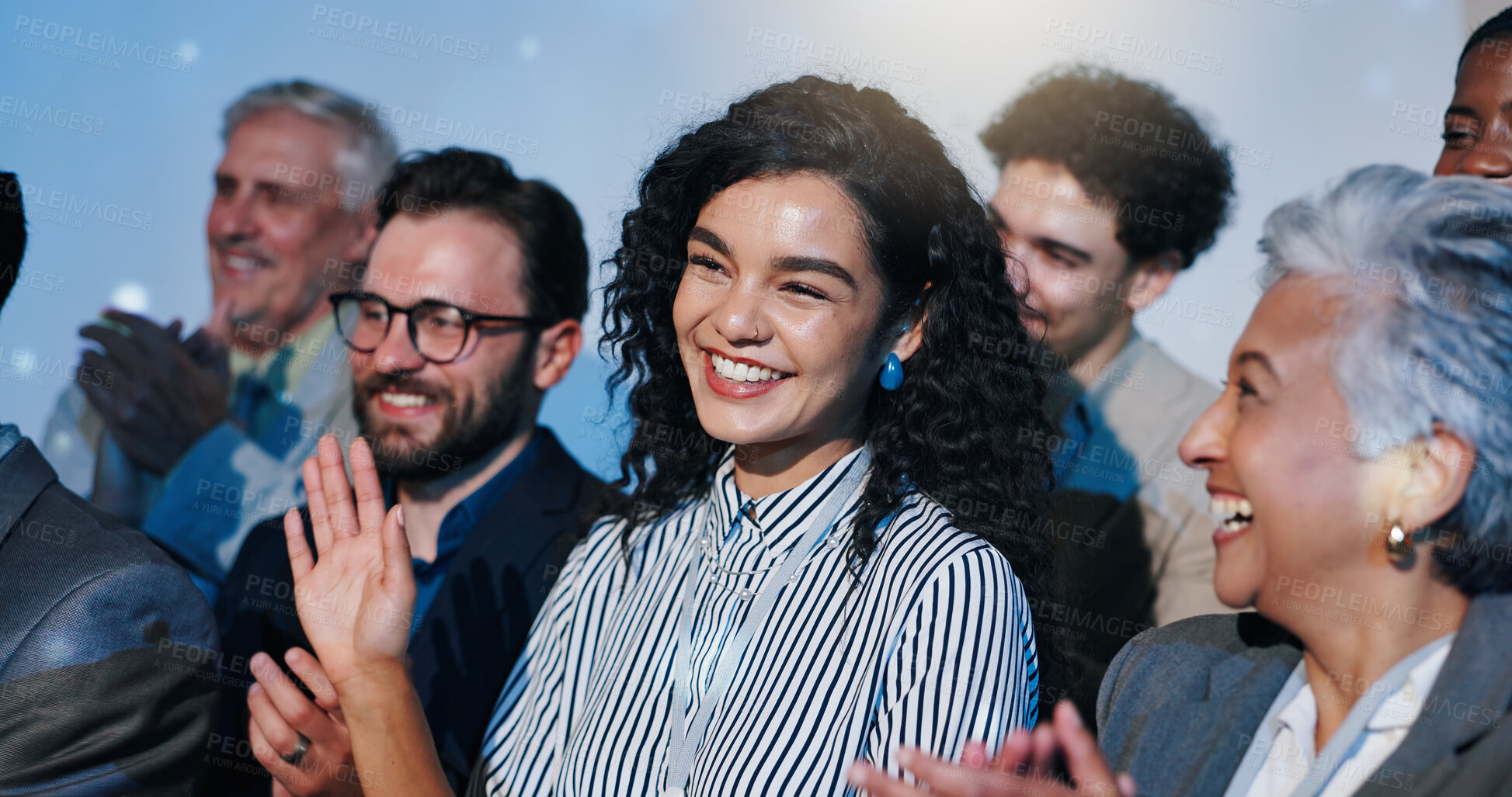 Buy stock photo Applause, seminar and business people with meeting in office with good news or achievement. Happy, cheering and employees clapping hands for woman with congratulations for job promotion in workplace.