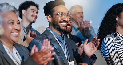 Buy stock photo Applause, celebration and business people with forum for achievement, victory and goal. Clapping hands, presentation and audience of workers at thank you conference or good job meeting in workplace