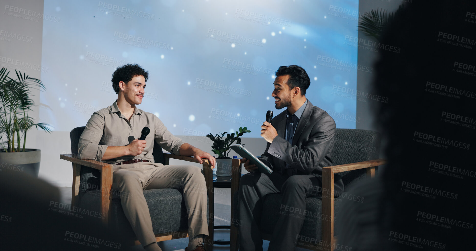 Buy stock photo Business panel, people and speech with discussion for financial insight, questions or market trends. Finance debate, tablet or host with guest speaker on stage for investment strategy and conference