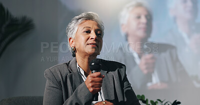 Buy stock photo Mature woman, convention or presentation for public speaking, development seminar or business event. Conference, speech and workshop for economy talk in auditorium with microphone, keynote and summit