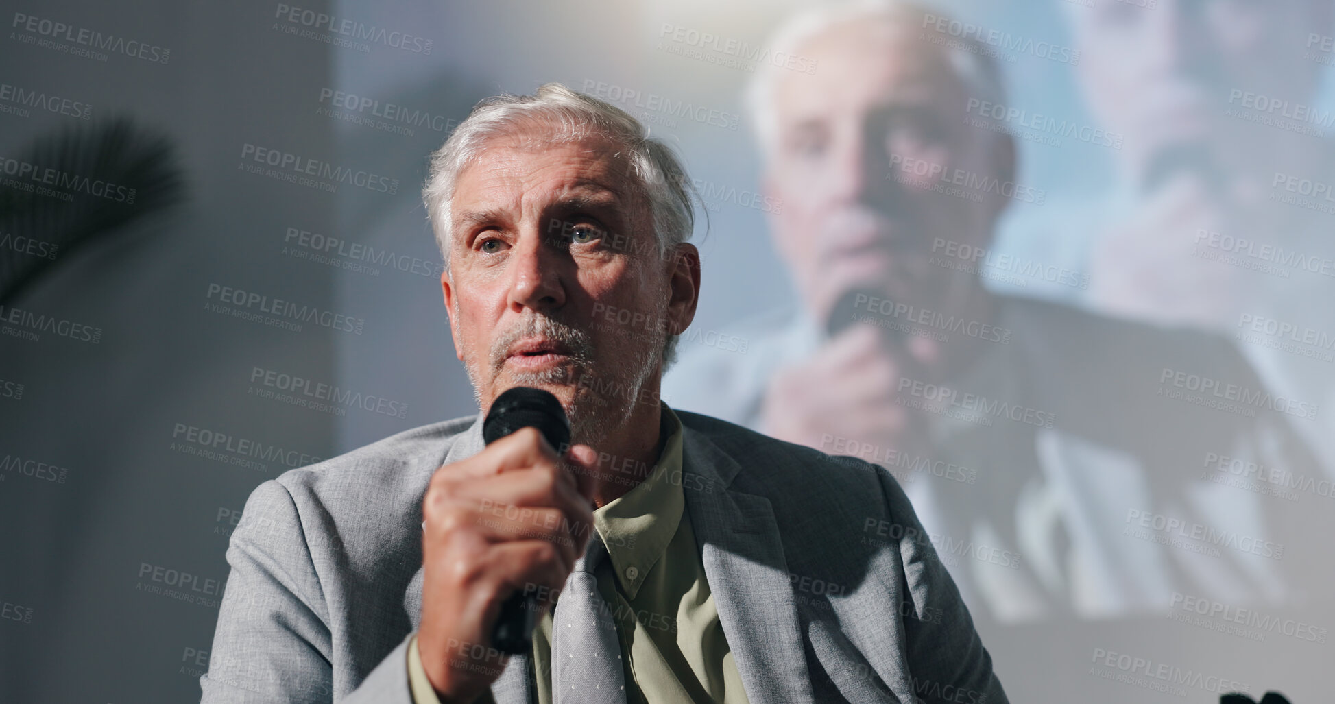 Buy stock photo Mature man, conference or presentation for public speaker, development seminar or business event. Convention, speech and workshop for corporate ceo in auditorium with microphone, tradeshow or keynote