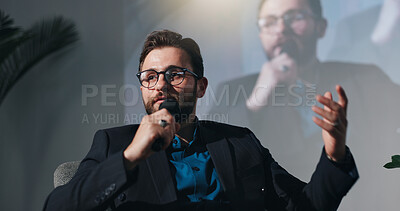 Buy stock photo Seminar, serious and man with mic, speech and motivational speaker for training session and meeting. Stage, presenter and person with ideas for entrepreneurship, public speaking and presentation