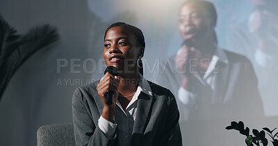 Buy stock photo Stage, presenter and woman with mic, talking and smile for public speaking in seminar or discussion. Happy, motivational speaker and black person with advice for entrepreneurship, speech and meeting