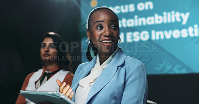 Buy stock photo Seminar, businesswoman and speech with tablet for presentation, sustainability and financial tips. Conference, audience and investor with public speaking for investment, finance and digital report