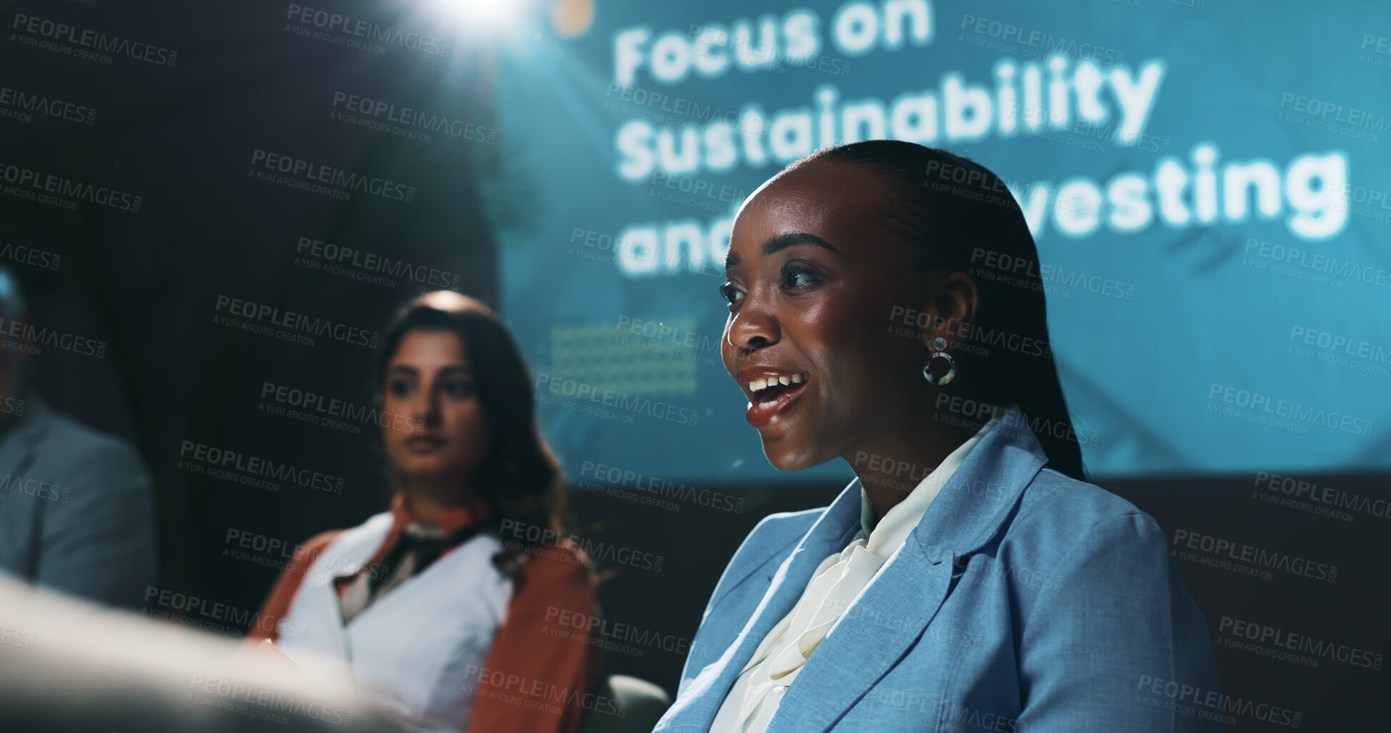 Buy stock photo Speaker, panel and discussion with business woman at summit for environment, team and conference. Collaboration, sustainability and future investing with employees on stage for seminar and event