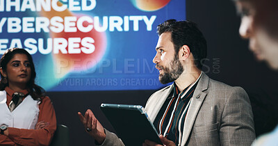 Buy stock photo Forum, tablet and business people on stage with presentation for enhanced cybersecurity measures. Digital technology, conference and compliance managers with data encryption policies at seminar.