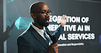 Black man, presentation or seminar with mic or screen for speech or AI convention at workplace. Businessman, presenter or speaker with technology display for online service, tradeshow or tech summit