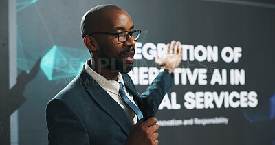 Buy stock photo Black man, presentation or seminar with mic or screen for speech or AI convention at workplace. Businessman, presenter or speaker with technology display for online service, tradeshow or tech summit