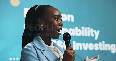 Buy stock photo Black woman, speaking and seminar with mic for sustainability or presentation at summit. Female person, business speaker or presenter with speech for eco friendly investing or campaign at convention