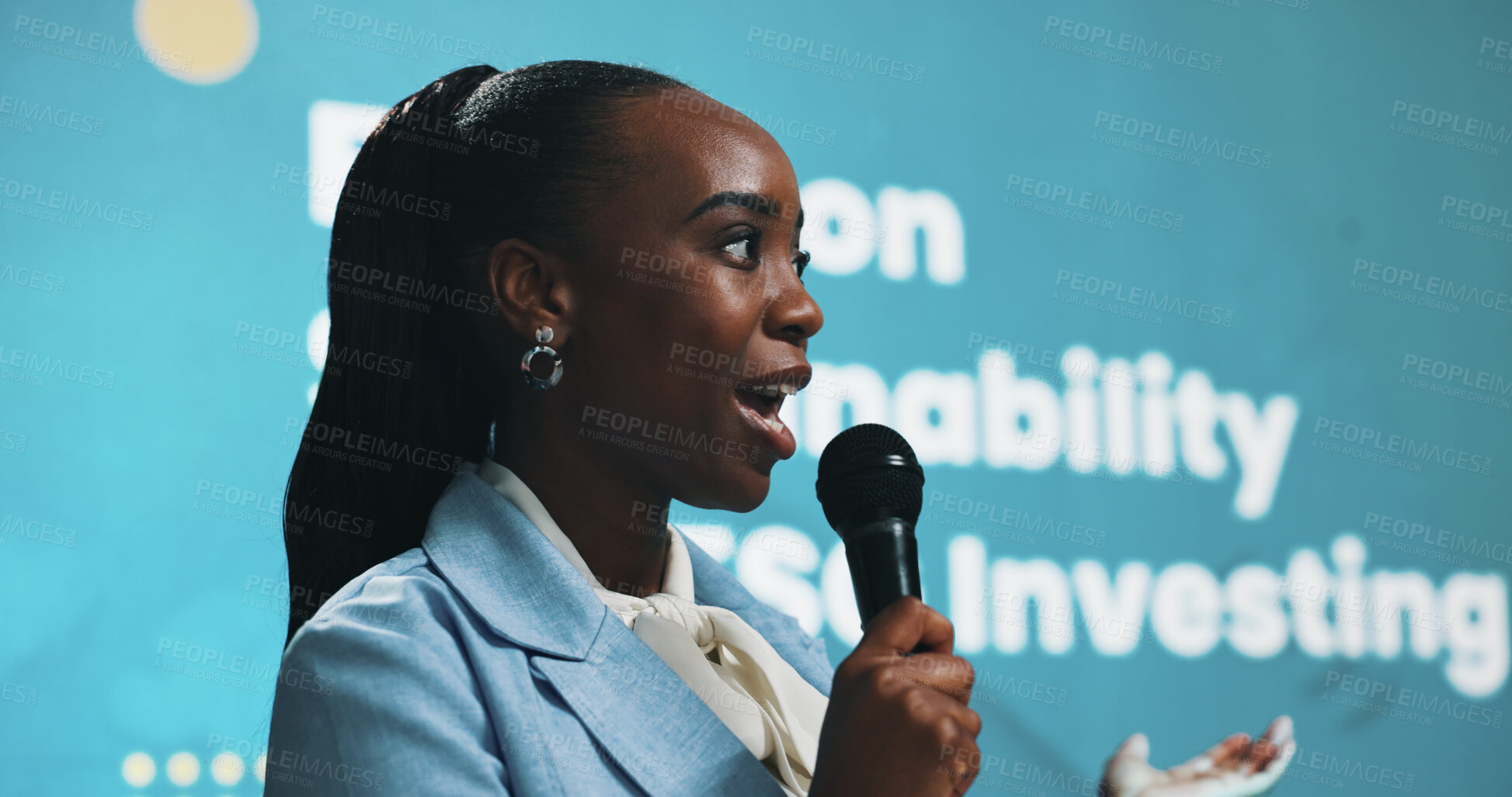 Buy stock photo Black woman, speaking and seminar with mic for sustainability or presentation at summit. Female person, business speaker or presenter with speech for eco friendly investing or campaign at convention